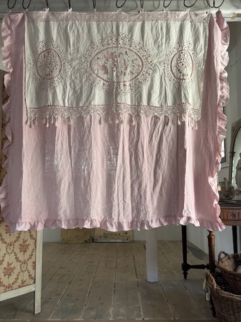 天使とリボンモチーフ リネンカーテン A-014 新入荷アイテム/ホームファブリック フランスアンティーク Sold out