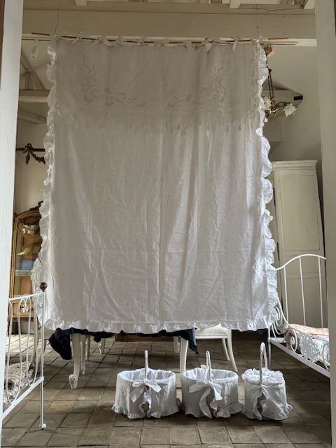 リボンと花の装飾の模様付きカーテン A-046 新入荷アイテム/ホームファブリック フランスアンティーク Sold out