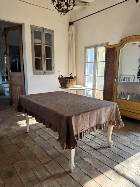 ブラウンリネンテーブルクロス I-385 新入荷アイテム/ホームファブリック フランスアンティーク Sold out